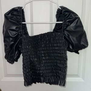 H&M Divided Black Faux Leather Puff Sleeve Smocked Top Size S